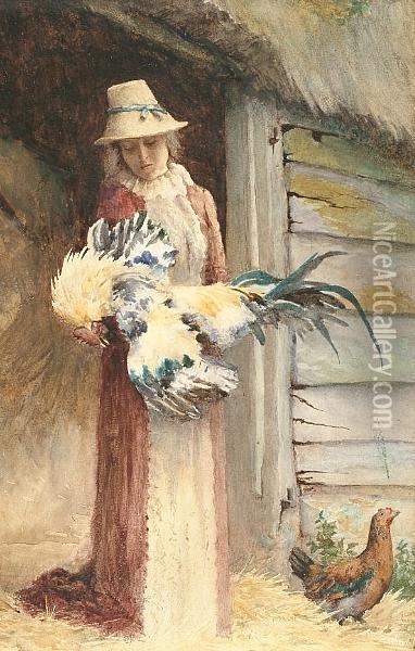 Woman Holding A Cockerel Oil Painting - George Carline