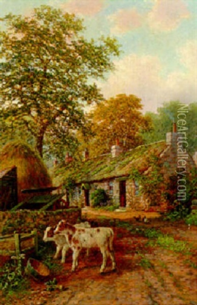 Calves And Chickens In A Farmyard Oil Painting - Albert Dunington