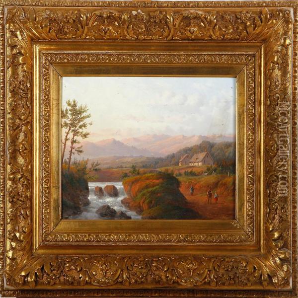 A Rocky Mountainscenery With A River And Persons Oil Painting - Carl Eduard Ahrendts
