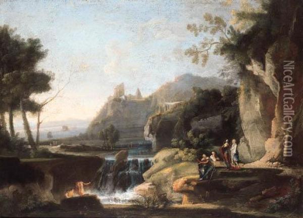 An Italianate Landscape With 
Figures And Anglers On An Outcropbefore A Waterfall, A Hilltop Ruin 
Beyond Oil Painting - Jan Frans Van Bloemen (Orizzonte)