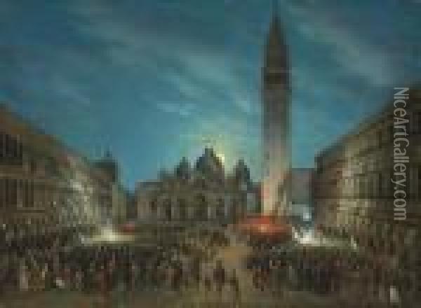 Carnival In The Piazza San Marco By Moonlight Oil Painting - Leone Colle