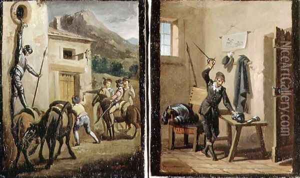 Don Quixote hanging from the window and preparing his armour, two scenes from the novel by Cervantes Oil Painting - Zacarias Gonzalez Velazquez