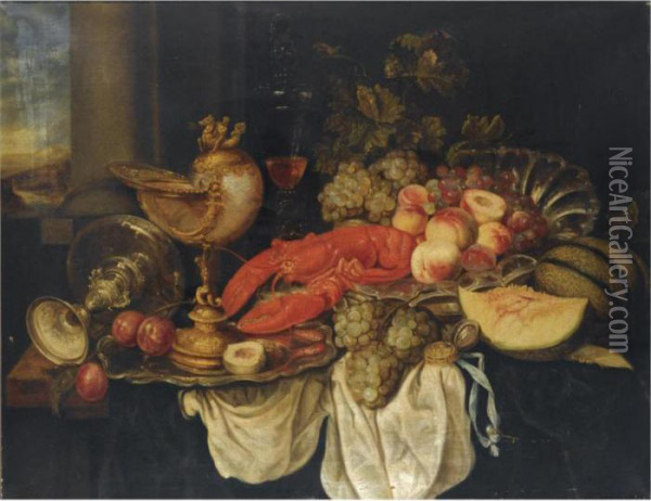 A Sumptuous Still Life With A 
Lobster, A Nautilus Cup, Grapes, A Tazza, Peaches And Other Fruit On A 
Draped Table Oil Painting - Abraham Hendrickz Van Beyeren