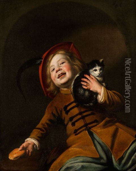 Bildnis Eines Jungen Mit Katze, Rotem Hut Und Einem Brotstuck Oil Painting - Judith Leyster