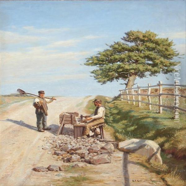 Road With A Stonemason And A Farmer Oil Painting - N. F. Schiottz-Jensen