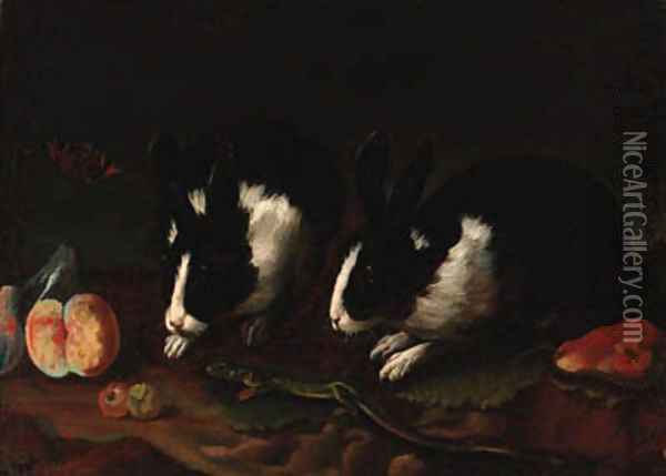 Rabbits Oil Painting - Francesco Fernandi, Called L'Imperiali