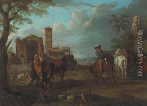 An Italianate Town With Roman Ruins And Horsemen In Theforeground Oil Painting - Pieter van Bloemen
