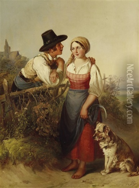 Junges Bauernpaar In Tracht Mit Hund Am See Oil Painting - Johann Matthias Ranftl