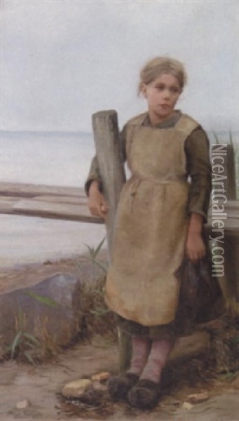Lille Pige Staende Ved En Badebro Oil Painting - Emilie (Caroline E.) Mundt