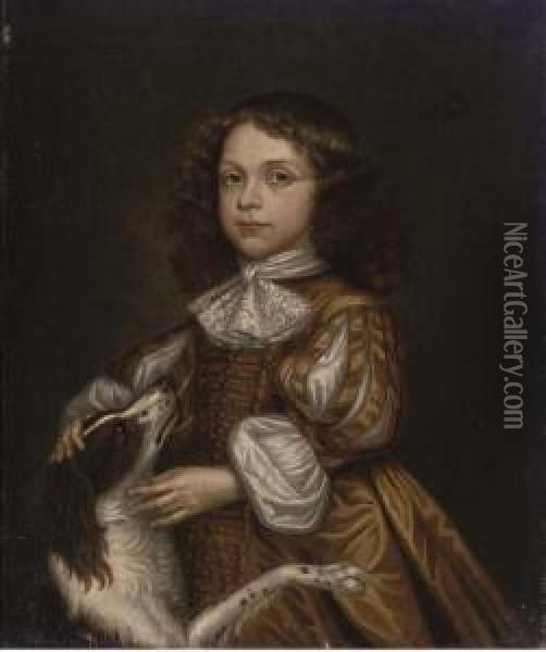 Portrait Of A Boy, Half-length, In A Brown Dress And His Spaniel By His Side Oil Painting - John Hayls