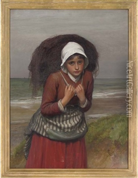 A Fisher Girl Carrying Nets Along The Shore Oil Painting - Charles Sillem Lidderdale