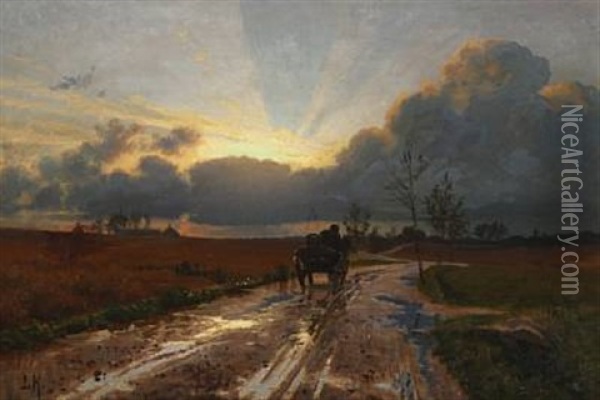 Horse Carriage On A Rainy Road, Evening Oil Painting - Ludvig Kabell