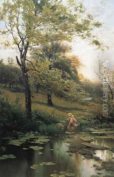 By the Lily Pond Oil Painting - Arthur Parton
