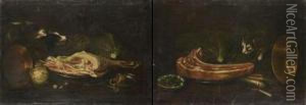 Chat Devant Une Cote De Boeuf. Chien Devant Un Gigot. Oil Painting - Pieter Van Boucle