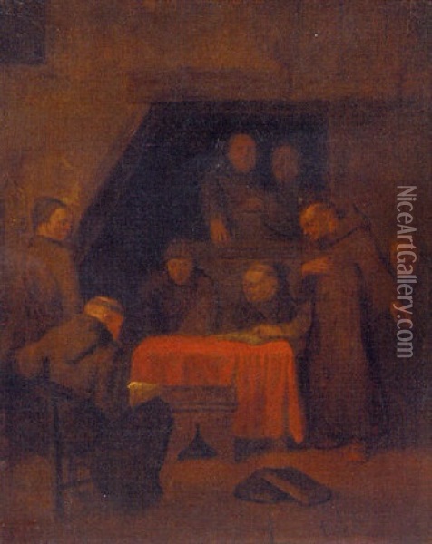 Monks In An Interior Oil Painting - Egbert van Heemskerck the Younger