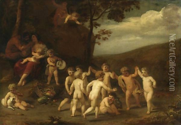 Putti Making Music And Dancing In A Landscape Oil Painting - Cornelis Holsteyn