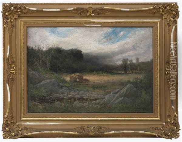 Landscape With Figures Haying Oil Painting - George William Whitaker