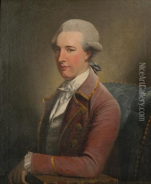 A Portrait Of Thomas Mills Of 
Saxham Hall, Suffolk, Seated Half Length With Powdered Hair And Red Coat
 With Gold Braiding, His Left Arm Leaning On A Book Oil Painting - John Downman