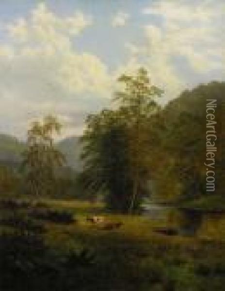 Cattle And Sheep By A River And Oil Painting - William Mellor