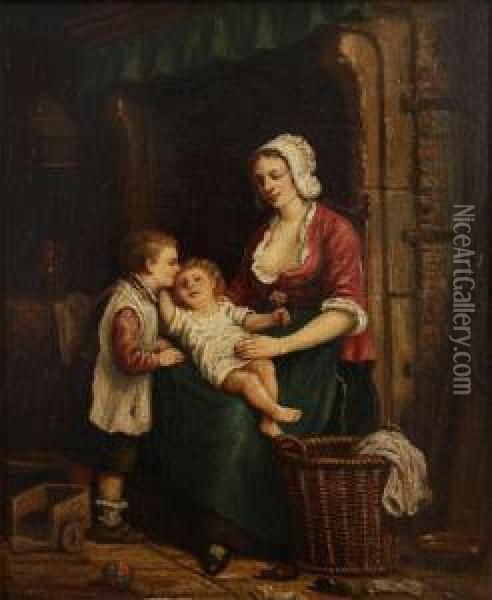 Mother And Two Children Near The Fire Place Oil Painting - Adrien Ferdinand de Braekeleer