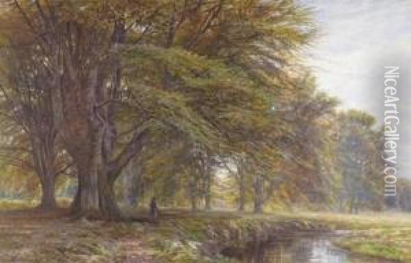 A Lone Huntsman In A Wooded River Landscape Oil Painting - Edmund George Warren