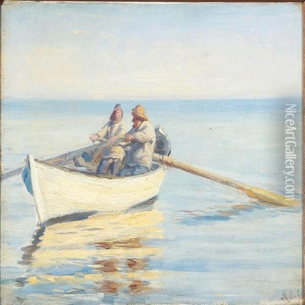 Two Fishermen In A Rowboat Oil Painting - Michael Ancher
