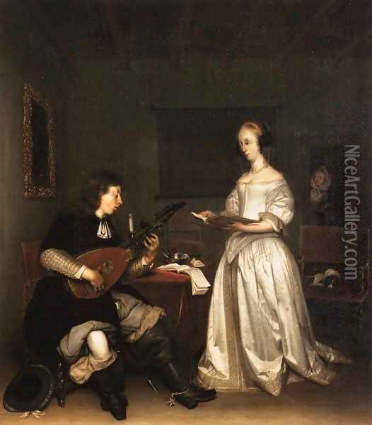 The Duet Singer and Theorbo Player Oil Painting - Gerard Terborch