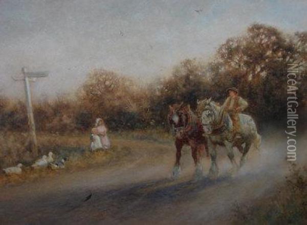Rural Crossroads - Scene With Crossroad Sign ' To Flansham ',
 Sussex Two Working Horses And Children With Ducks On A Country
 Lane Oil Painting - Thomas Lloyd