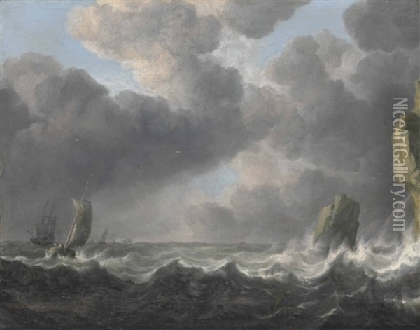 Fishing Boats In A Squall Off A Rocky Coastline Oil Painting - Simon De Vlieger