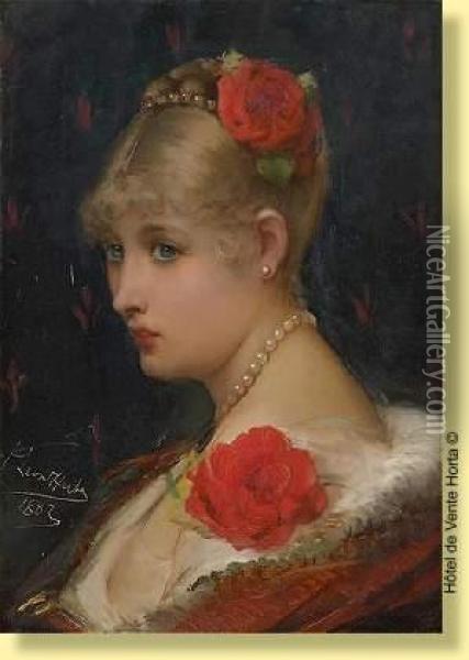 Elegante Aux Roses Et Au Collier De Perles Oil Painting - Leon Herbo
