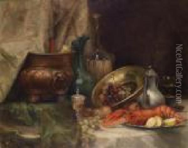 Decorative Still Life With Lobsters Oil Painting - Adolf Kaufmann