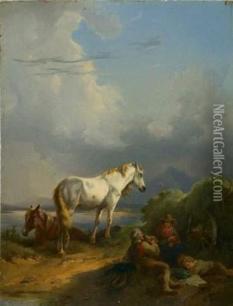 Fuchs Und Schimmel Mit Rastenden Bauern Am See. Oil Painting - Jacques Raymond Bracassat