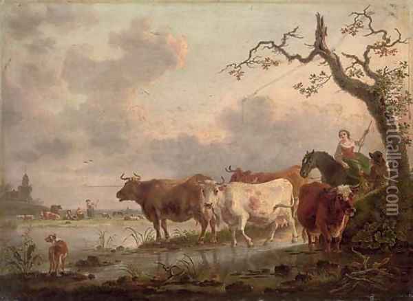 An extensive landscape with herdsmen and cattle watering at a stream Oil Painting - Jean-Baptiste De Roy