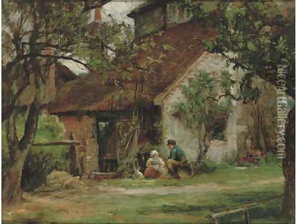 Children and a rabbit playing by an outhouse Oil Painting - George Henry Boughton