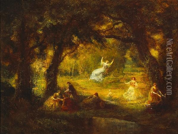 An Idyllic Landscape With Elegant Ladies In The Woods Oil Painting - Francois Maury