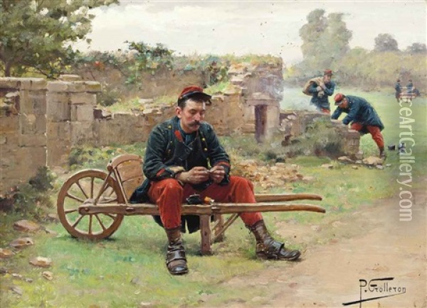 A Soldier Preparing A Cigarette Oil Painting - Paul (Louis Narcisse) Grolleron