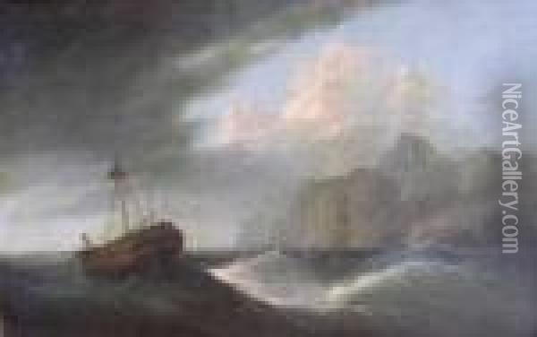 Shipwrecks Off Rocky Coasts Pair Of Oil Painting - Francis Sartorius