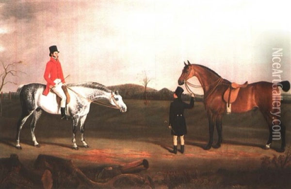 A Huntsman On A Grey And A Groom With A Bay Oil Painting - William Nedham