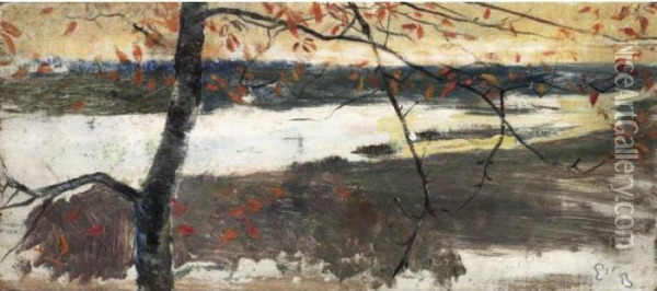 Paysage Fluvial Automnal Autumn Landscape With A River Oil Painting - Ernest Bieler