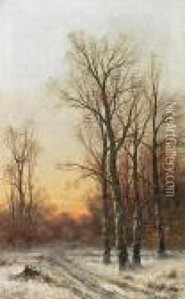 A Winter Forest By Sunset Oil Painting - A. Valadier