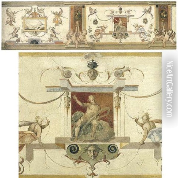 A Decorative Panel With Grotesques And Putti Flanking Panels With A Landscape And Neptune Oil Painting - Cherubino Alberti