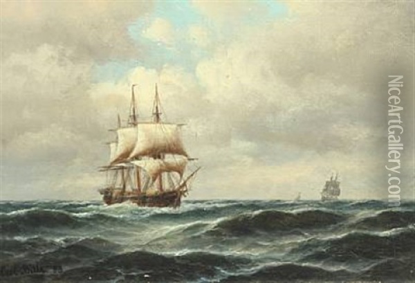 Seascape With A Frigate Oil Painting - Carl Ludwig Bille