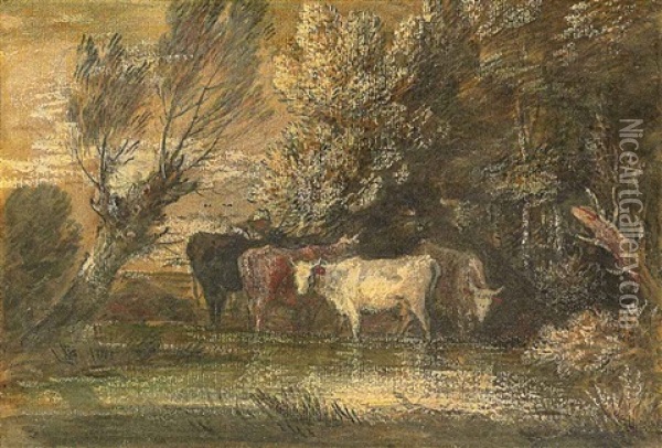 A Wooded Landscape With Cattle At A Watering Place Oil Painting - Thomas Gainsborough