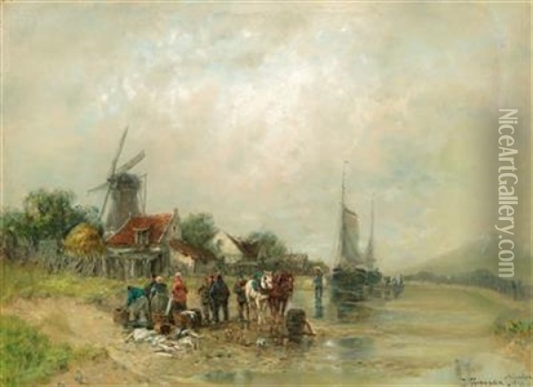 Fishermen On The Riverbank With A Good Catch Oil Painting - Desire Thomassin