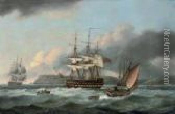 H.m.s. 
Bellerophon 
 At Anchor Off Torbay Oil Painting - Thomas Luny