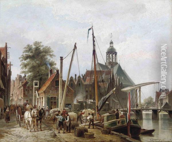 Unloading A Barge On A Rotterdam Quay Oil Painting - Cornelis Christiaan Dommersen