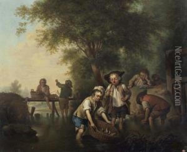 Angelnde Buben Am Fluss. Oil Painting - Joseph Conrad Seekatz