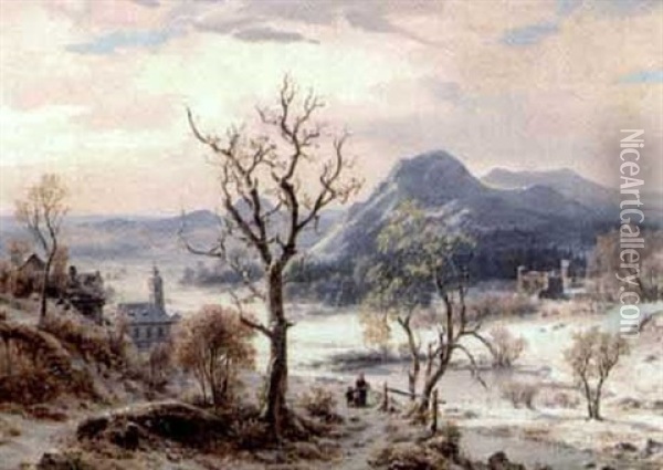 Weite Winterlandschaft Mit Zugefrorenem See Und Einem Dorf Oil Painting - Adolf Hohneck