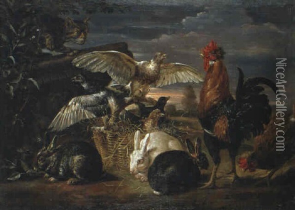 Kaninchen Und Vogel Von Einer Katze Uberrascht Oil Painting - David de Coninck