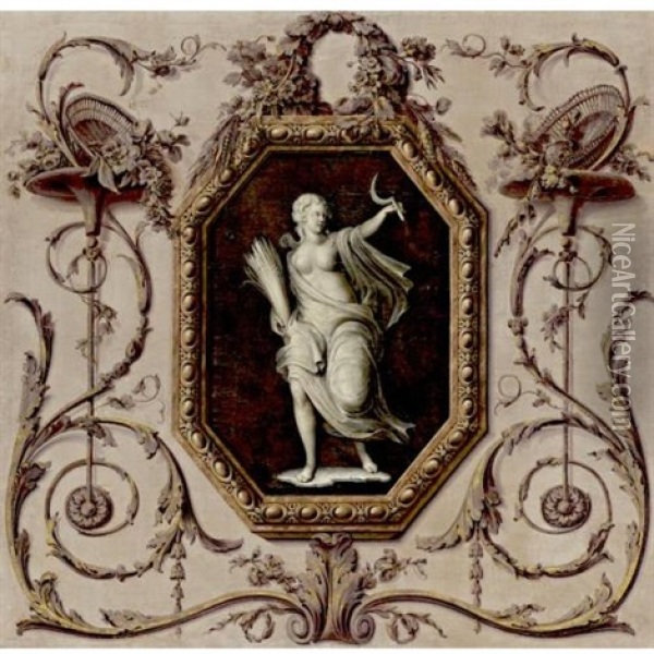 Trompe L'oil With Demeter In A Painted Cartouche Oil Painting - Jan Gerard Waldorp